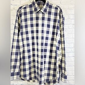 Hickey Freeman Blue Cream Plaid Woven in Italy Business Casual Button Shirt XL